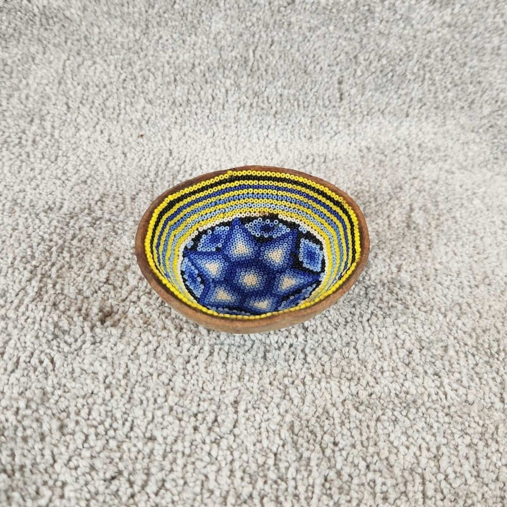 Huichol‎ Beaded Bowl Blue Yellow Geometric Folk Art Mexican Gourd